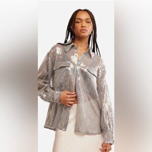 Free People Disco Margarita Sequin Button Down Shirt Silver Sz S